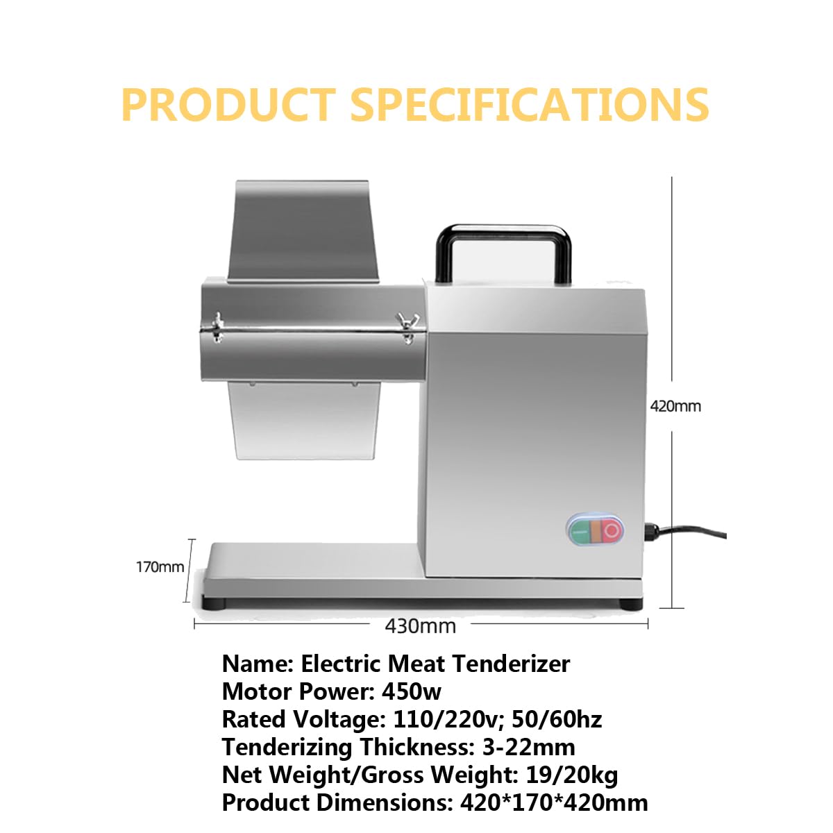 Batticarne elettrico, 450 W commerciale con larghezza di taglio da 12,7 cm, in acciaio inossidabile, 180 giri/min per manzo, bistecca, pollo, montone