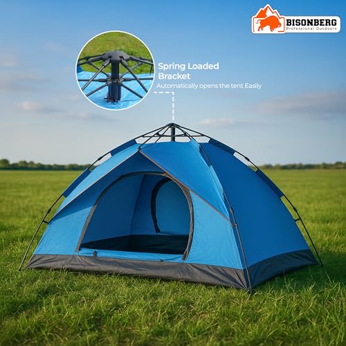 Image of Bisonberg Quick Pop-up Camping Tent, 4 Person, Green, Glass Fiber Poles, Waterproof with PU Coating, Portable and Foldable