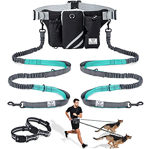 SHINE HAI Retractable Hands Free Dog Leash with Dual Bungees for 2 Dogs, Adjustable Waist Belt, Reflective Stitching Leash for Running Walking Hiking Jogging Biking
