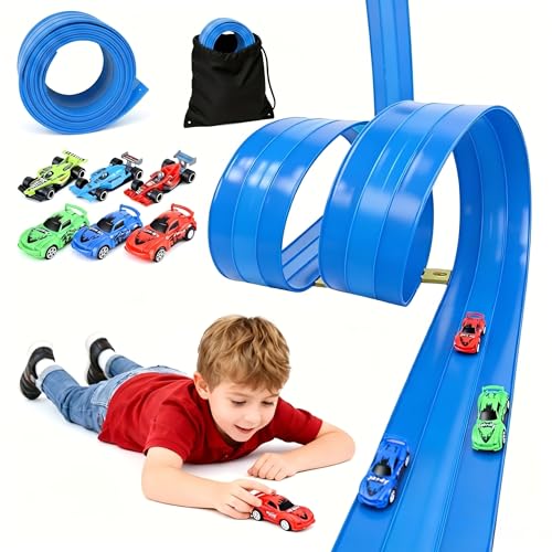 Flexible 3-Spur-Rennbahn für Kinder, 5 m lange aufrollbare Rennbahn mit 6 Autos, batterieloses Set ohne Aufbau, kompatibel mit 1:64-Diecast-Modellen, Geschenk für Jungen und Mädchen von 3 bis 12 Jahre