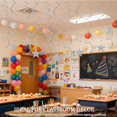 Image of 40Pcs Silver Star Hanging Swirls Party Decorations Plastic Spirals Streamers Foil Ceiling Decor for Birthday Bridal Showers All Kinds of Parties Classroom Home Party Favors
