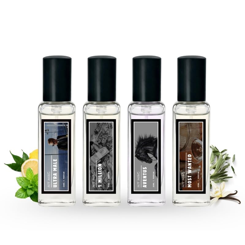 Image of Set of 4 Long-Lasting Perfumes for Men | Ultra Male, 1 Million, Aventus & Most Wanted Fragrances | Fresh, Strong & Sweet Scents | Travel Friendly Perfume| Perfume Gift Set for Him (4 x 20ml)
