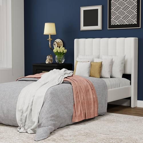 WJORATA Upholstered Platform Twin Size Bed Frame with Headboard Wooden Slats Support No Noise Easy Assembly White Linen