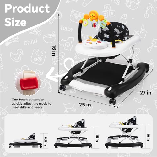 Baby Walker, 5 in 1 Baby Walkers for Boys Girls 6-12 Months, Foldable Walkers for Babies with Bouncer & Feeding Tray, Music, Adjustable Heights, Activity Walker for Infant - Image 3
