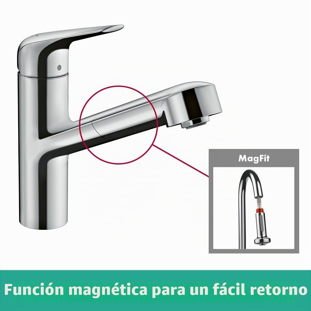 hansgrohe Focus M42 - grifo de cocina con ducha extraíble, 1 tipo de chorro, altura del caño 150 mm, grifo cocina fregadero con caño giratorio, cromo, 71814000