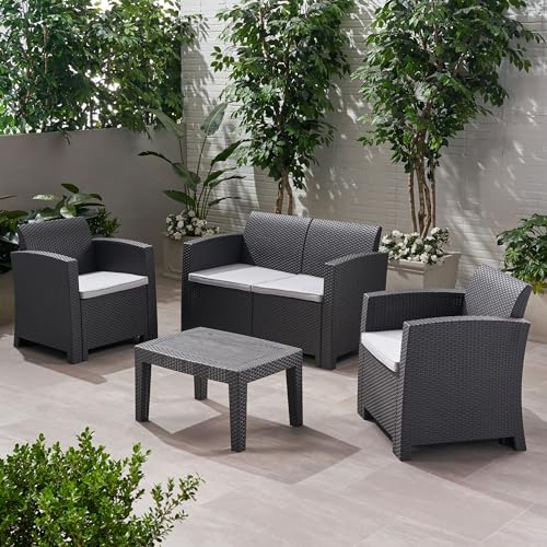 Outdoor Faux Wicker Rattan Style Chat Set with Water Resistant Cushions, 4-Pcs Set, Charcoal/Light Grey