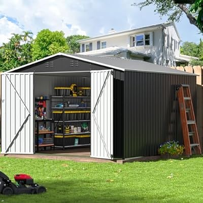AirWire 10x10 FT Outdoor Storage Shed, Garden Shed with Updated Frame Structure and Lockable Doors, Metal Tool Sheds for Backyard Garden Patio Lawn, Grey