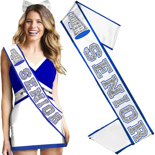 RhinestoneSash Senior Cheerleader Sash Blue - Royal Blue PREMIUM GRADE SATIN Cheer Sashes - High School Cheer Squad Supplies