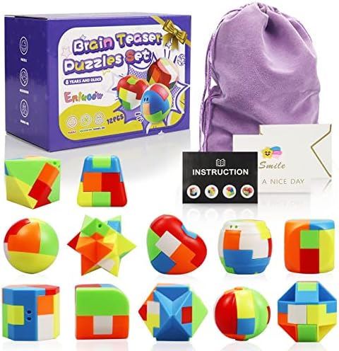 Eniucow Brain Teaser Puzzles for Kids Ages 8-10,Brain Teasers for Adults 12 Pack,Mind,IQ and 3D Plastic Simple and Beginner Portable Hand Puzzles Toys,Gift for Kids and Adults,Ages 8 to 80
