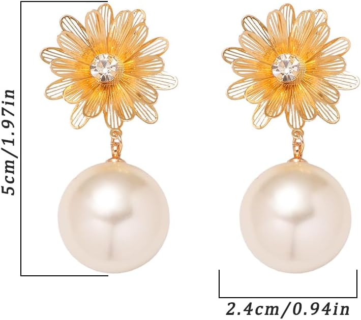 Gold Flowers Pearls Dangle Earrings for Women Dainty Filigree Round Ball Pearl Statement Earring Trendy Formal Pearl Aesthetic Jewelry Prom Accessories - Image 3