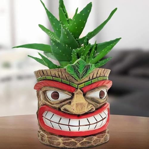Novelty Tiki Head Indoor Little Planter Pot, Funny Succulent Plant Pot,Cute Easter Island Home Decor Flower Pot,Unique Face Resin Flowerpot with Hole,Tiki Pen Holder,Birthday Gift for Kids/Friends