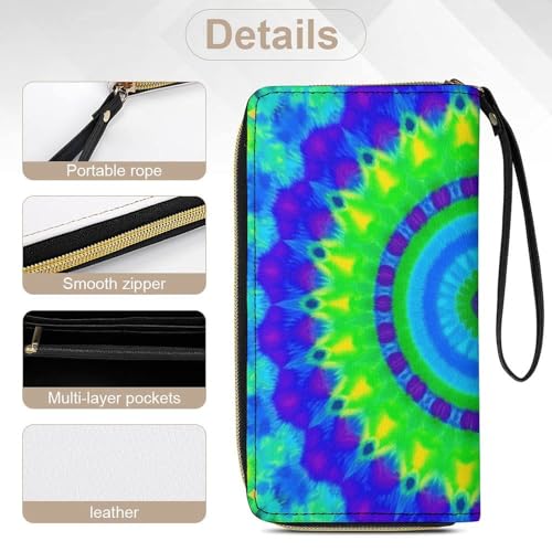 Women's Clutch Wallet with ID Pockets, High Capacity Leather, Perfect for Travel, Indian Spiral Tie Dye Mandala Green 5