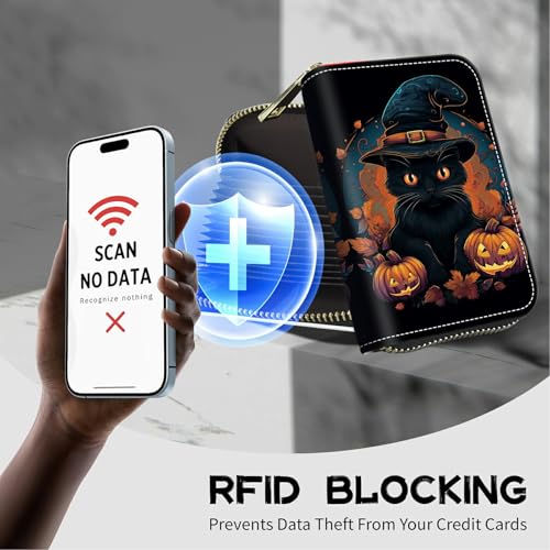 Image of Cute Credit Card Holder with Zipper, Black Cat Halloween RFID-Blocking Card Case Small Wallet for Women Men, Multi-slot Card Organizer Case Travel Accordion Wallet