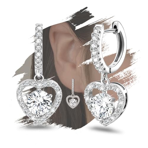 Heart Dangle Hoop Earrings Silver - Sterling Silver Heart Shaped Earrings for Women Love Earrings Hypoallergenic Cubic Zirconia Hollow Huggie Earrings for Her Gifts
