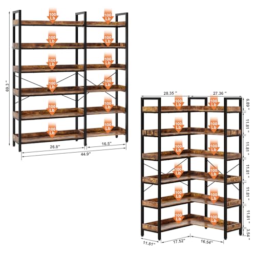 KOUSEI 6-Tier L-Shaped Reversible Corner Bookshelf, 69" Rustic Brown Industrial Wood & Metal Bookcase, Wide Open Shelves + 4 Hooks for Living Room/Bedroom/Home Office - Image 4