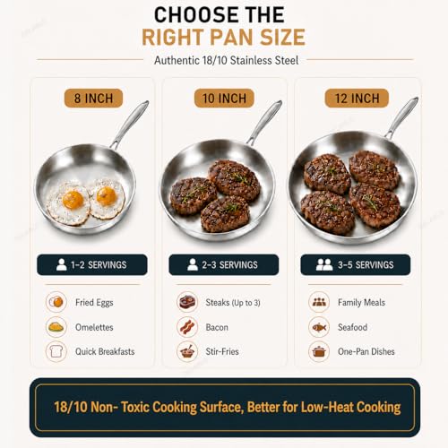 Image of DELARLO Tri-Ply Stainless Steel Frying Pan Set 8 inch /10 inch /12 inchkitchen skillet | Stainless Steel Pan Cooking Heat fast and evenly Compatible with All Cooktops Dishwasher and Oven Safe