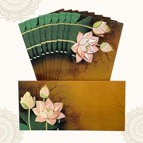 Image of Pack of 20, Lotus Blossom Design Shagun Envelopes for Gifting Cash Money Cover Velvet Finish Paper Tuck Flap Designer Fancy Sagan Lifafa Wedding, 19 X 9.5 cm, Royal Brown Color