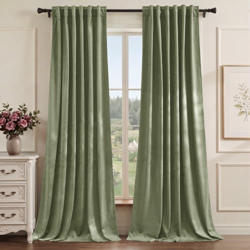 Image of StangH Modern Farmhous Sage Green Velvet Curtains 84 Inches Long 2 Panels