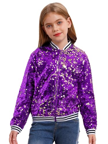 Teens Girls Sparkly Sequin Baseball Jacket Coat Long Sleeve Zip Evening Street Party Cool Coat