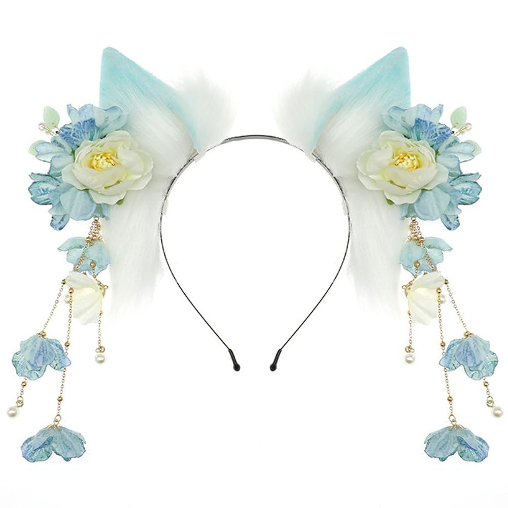 Serre-tête oreilles et pompons fleuris style ancien style Hanfu pour cosplay et salon manga