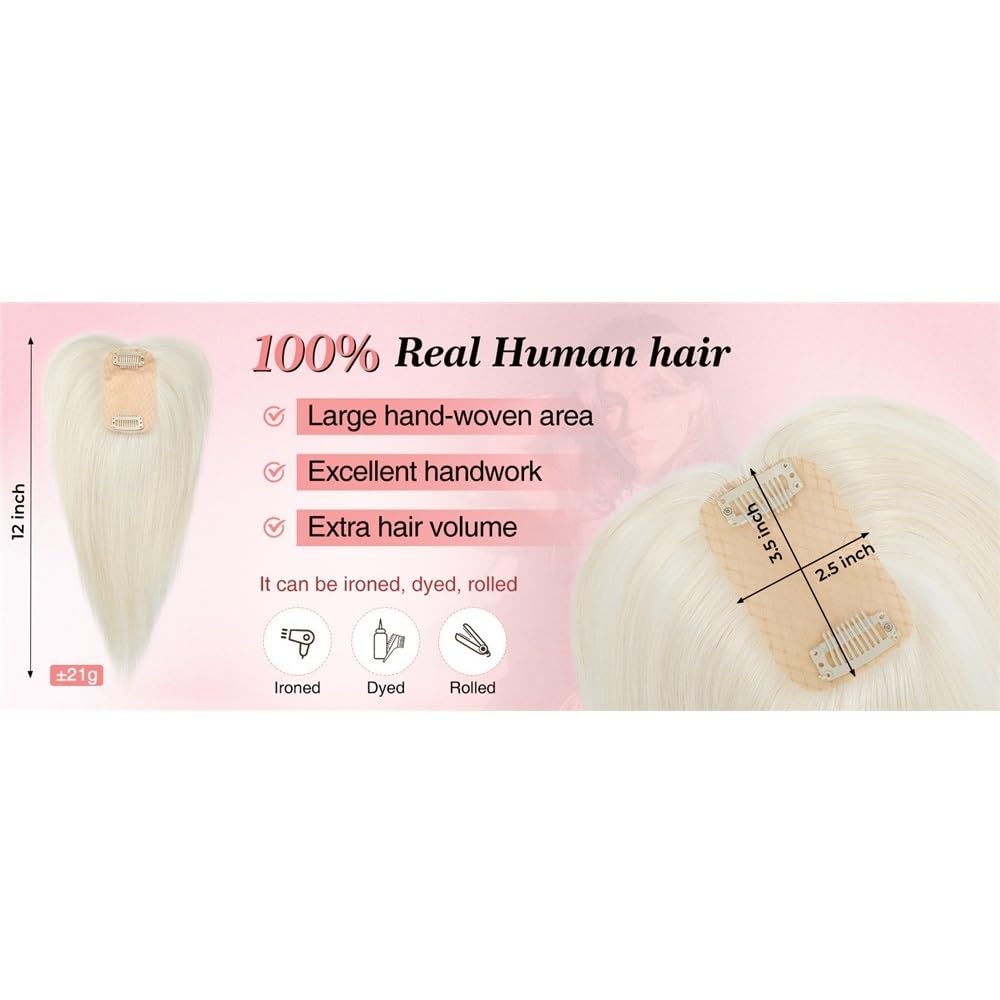Postizo de cabello humano con flequillo for mujer, 25 cm con clip for cabello fino, base de seda de 8,9 x 6,35 cm. for Thinning Hair(Brown)