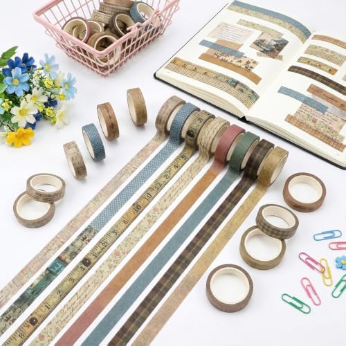 Washi Tape Set, 20 Rolls Vintage Cute Decorative Craft Adhesive Tapes Bulk Pack, 0.27 Inch x 3.28 Yard/Roll Pattern Washy Tapes for Scrapbooking, Junk Journal, Art DIY Planners, Gift Wrapping Supplies by Slergut - Image 7