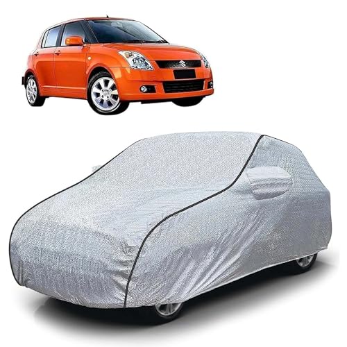 Image of Sulfar 100% Waterproof Car Body Cover Compatible with Mirror for Maruti Suzuki Old Swift (Triple Stitched, Full Bottom Elastic, Magic Silver with Black Piping)