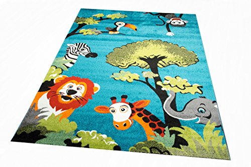 CARPETIA Kindertapijt speeltapijt kinderkamer tapijt dierentuindieren olifant giraf leeuw zebra aap turquoise grootte 200 x 290 cm - Afbeelding 3