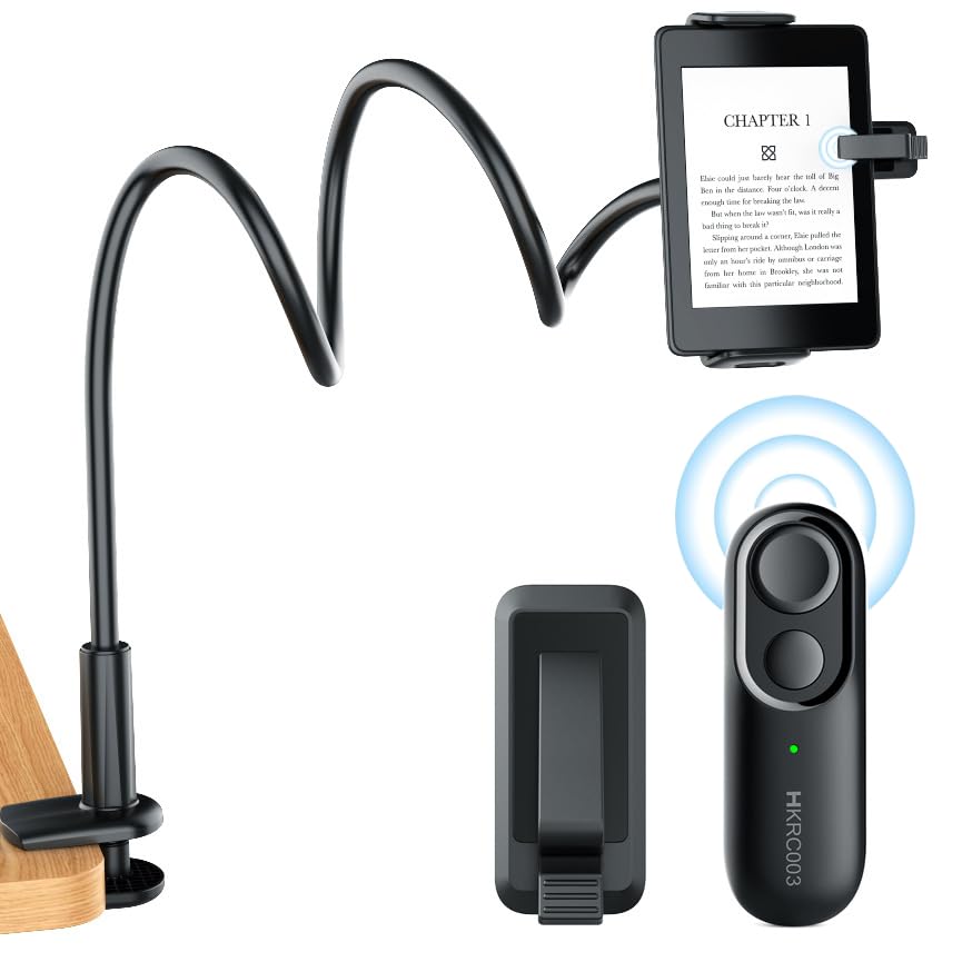 CNARIO Schwanenhals Halterung mit RF Fernbedienung Seitenwenden zum Lesen für Kindle eReader, Tablethalter mit Page Turner, Ebook Umblätter Zubehör für Reader Ständer, Ideal Halter für Bett