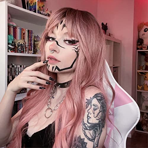 FUGADY Pastel Pink Wig with Bangs Natural Wave Light Pink Wigs for Women Colored Wigs with Bangs Heat Resistant Pink Wigs Colorful Wigs Cosplay Wig Daily Party（Synthetic 24 Inches)