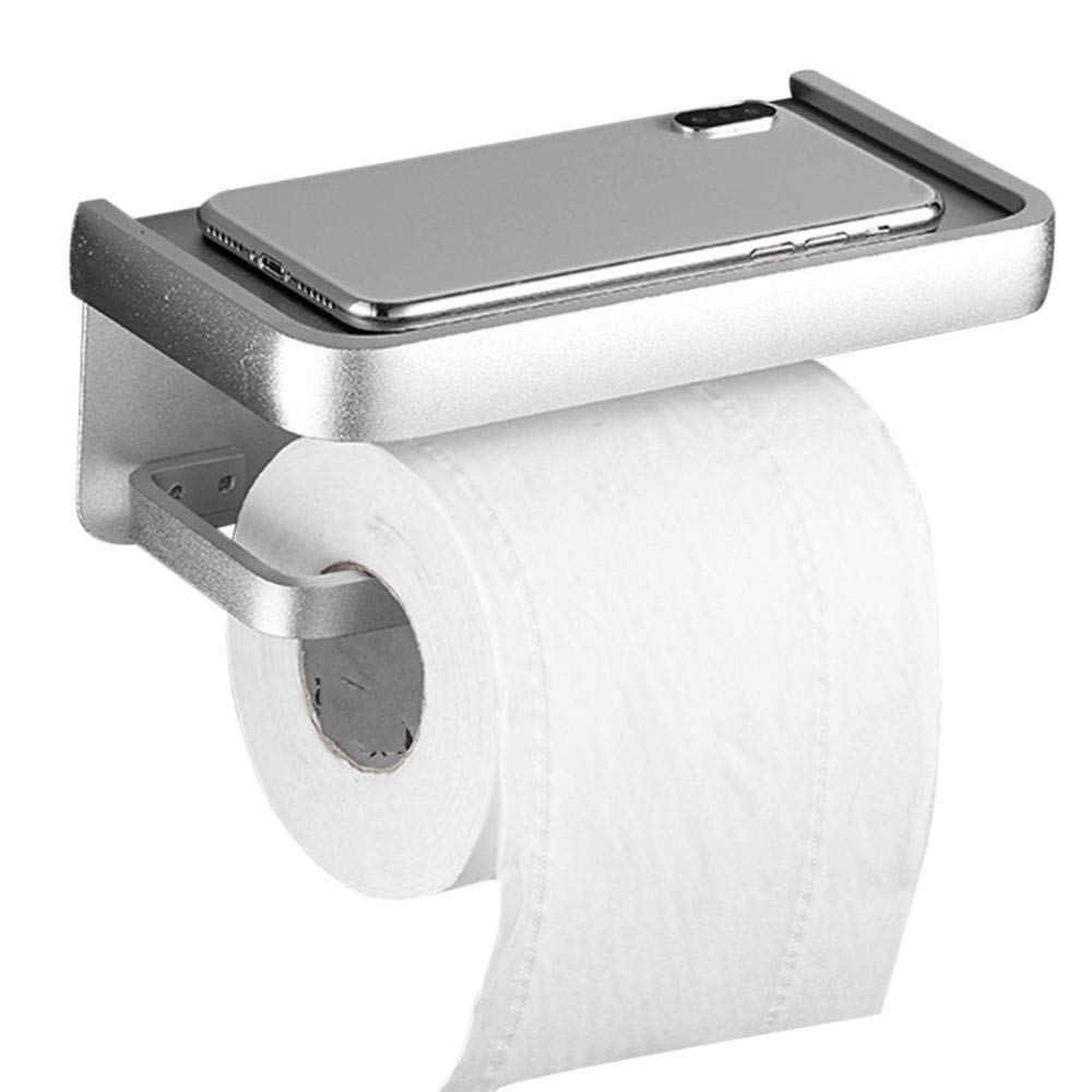 Portarrollos de papel higiénico con estante montado en la pared sin taladrar adhesivo de aluminio para cocina y baño, color plateado