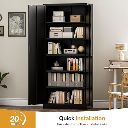Image of Metal Garage Storage Cabinets,71 inch Tall Metal Storage Cabinet with Lock and 5 Adjustable Shelves, Locking Cabinets for Office, Home, Garage, Warehouse 71 inch H x 32 inch W x 16 inch D (Black)