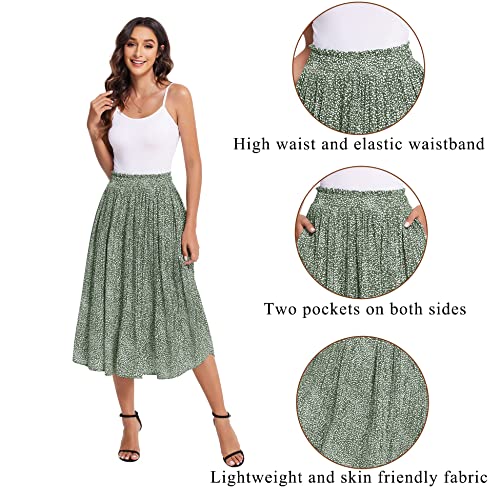 Zeagoo Womens Summer Skirt High Waist Boho Floral Pleated Midi Skirt Casual Flowy Swing A Line Beach Maxi Skirts Green M thumb #1