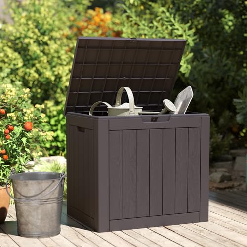 Image of DUMOS 31 Gallon Deck Box, Lockable Outside Storage Boxes for Outdoor Use, Outside Waterproof Resin Package Delivery Box for Backyard Patio Garden, Modern Brown