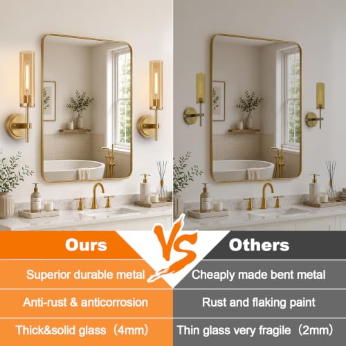 Image of MOKATNG Hardwired Wall Sconces Set of Two, Brushed Gold Bathroom Sconces with Amber Glass, Modern Wall Light Fixtures for Bathroom Mirror Vanity, Living Room, Hallway, Stairway, Cabinet, Foyer