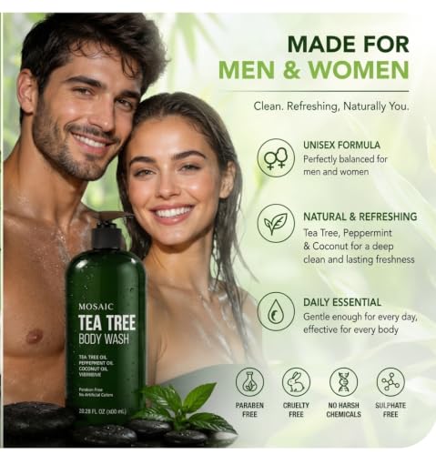 Image of AnatoliaDaphne Tea Tree Body Wash and Shower Gel with Vitamin E for Jock Itch, Eczema, Ringworm, Body Odor, Body Wash Women & Men with Added Body Oils,LARGE 20.2 FL Oz Bottle (Tea Tree, Pack of 2)