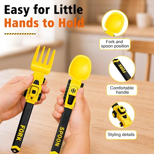 Image of Deinyi Construction Toddler Utensils, Reusable Plastic Toddler Fork and Spoon with Storage Case, Kids Utensils for 1 2 3 4 5 6 7 Year Old, Halloween Christmas Birthday Gifts, Yellow