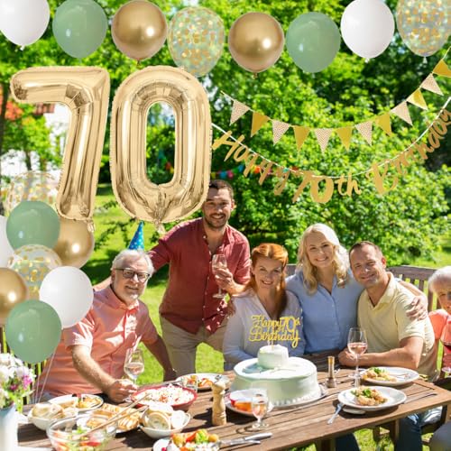 Image of Sage Green White Gold 70th Birthday Balloons with Happy 70th Banner, Cake Decoration Number 70 Balloon for 70 Year Old Party Decor