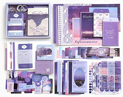 Image of MGNLR Paper Vintage Aesthetic Scrapbook Kit(346Pcs) Scrapbooking Supplies Kit with Bullet Junk Journal,Stationery,A6 Grid Notebook Journaling Gift for Girl (Purple Scrapbook)