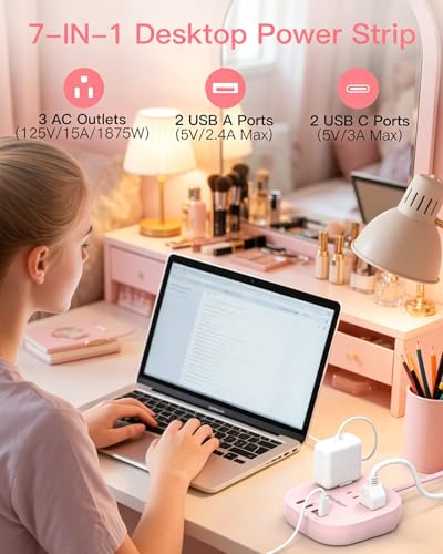 Image of Cruise Ship Travel Essentials, 22.5W /4.5A Flat Plug Power Strip, 6Ft Extension Cord, 3 Outlets 4 USB Ports (2 USB C) Cruise Approved Power Strip No Surge Protection, Desktop Charging Station, Pink