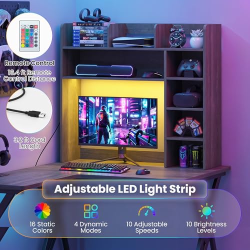 Image of Tangkula Desktop Bookshelf with LED Lights, Desk Hutch with 8 Shelves for Max 25 inch Monitor, Desktop 5-Tier Display Rack, Multipurpose Wood Desktop Storage Hutch Organizer for Dorm Office Home (Grey)