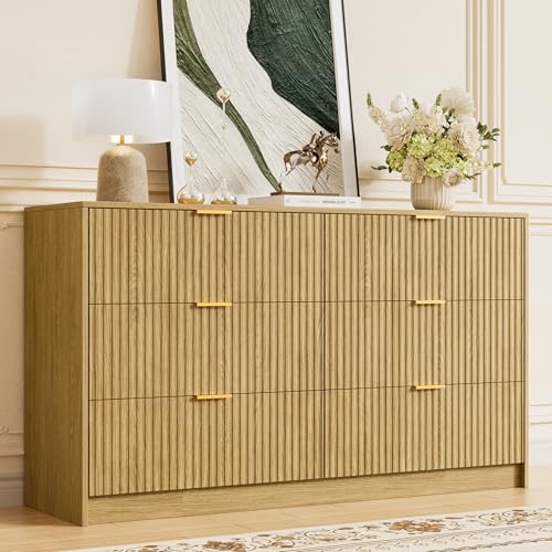 Image of Furniway Mid Century Modern Dresser for Bedroom, 6 Drawer Wood Dresser with Fluted Front, 55.1 inch Wide Chest of Drawers for Living Room, Hallway, Natural Oak
