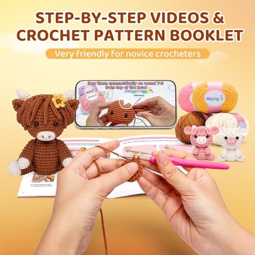 Image of Mewaii Beginner Crochet Kit with 40% Extra Yarn, Pre-Started Yarn & Video Tutorials - 3 Highland Cows Craft Set for Adults & Kids | 40% Extra Yarn, Video Tutorial, Pre-Started Piece, Beginner Friendly, Family Craft Gift for Adults & Kids