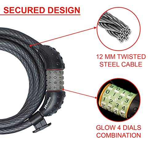 Master Lock Bike Cable Lock, Combination, 1.8 m Coiling Cable, Outdoor, Mounting Bracket 8190EURDPRO - Image 3