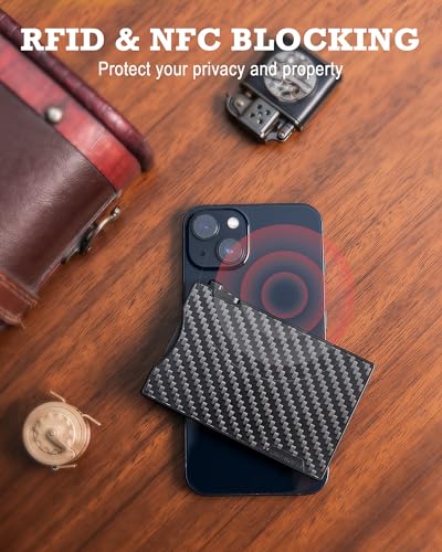 MNGARISTA Minimalist Slim Metal Wallet for Men, Pop Up Credit Card Holder with 3K Carbon Fiber Cover and Detachable Money Clip, RFID Blocking Wallet for 4-6 Cards (Black)3