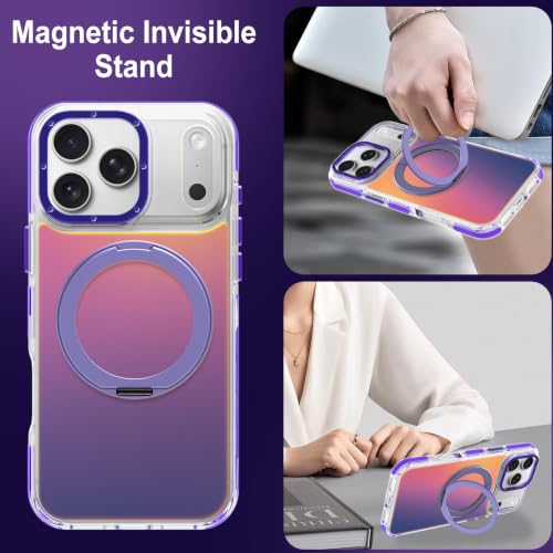Image of Magnetic for iPhone 17 Pro Case with 360 Stand [Compatible with Magsafe] [Fluorescent Design] [1 Screen Protector] Slim Translucent Matte Case for iPhone 17 Pro 6.3 inch, Purple