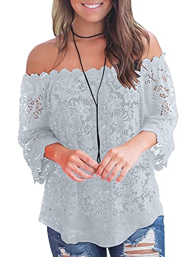 MIHOLL Women's Lace Off Shoulder Tops Casual Loose Blouse Shirts (Gray, XX-Large)