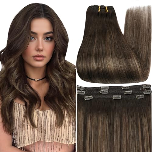 Image of Full Shine Dark Brown Balayage Clip in Extensions Real Human Hair, 12 Inch | 3 Pcs 60g, Clip in Hair Extensions, Lightweight Comfortable Wear