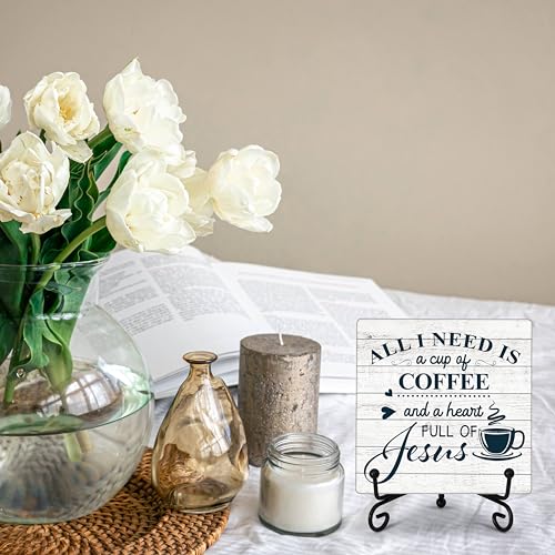 Image of Coffee Bar Desk Decor, All I Need Is A Cup Of Coffee Wooden Plaque Sign With Iron Stand, Christian Decorations For Home Office, Rustic Wood Signs for Kitchen Cafe Bar -34