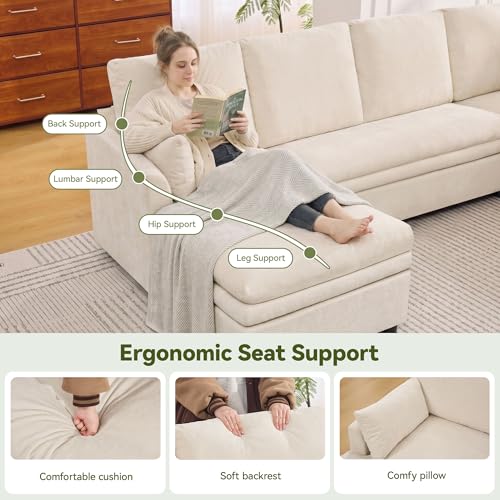 Image of 85 inch Sectional Couches with Right Chaise, Comfy Deep Dual-Layer Cushion Couch, 4 Seater L Shaped Couch, Modern Modular Sofa, Chenille Sofas for Living Room, Apartment, Beige